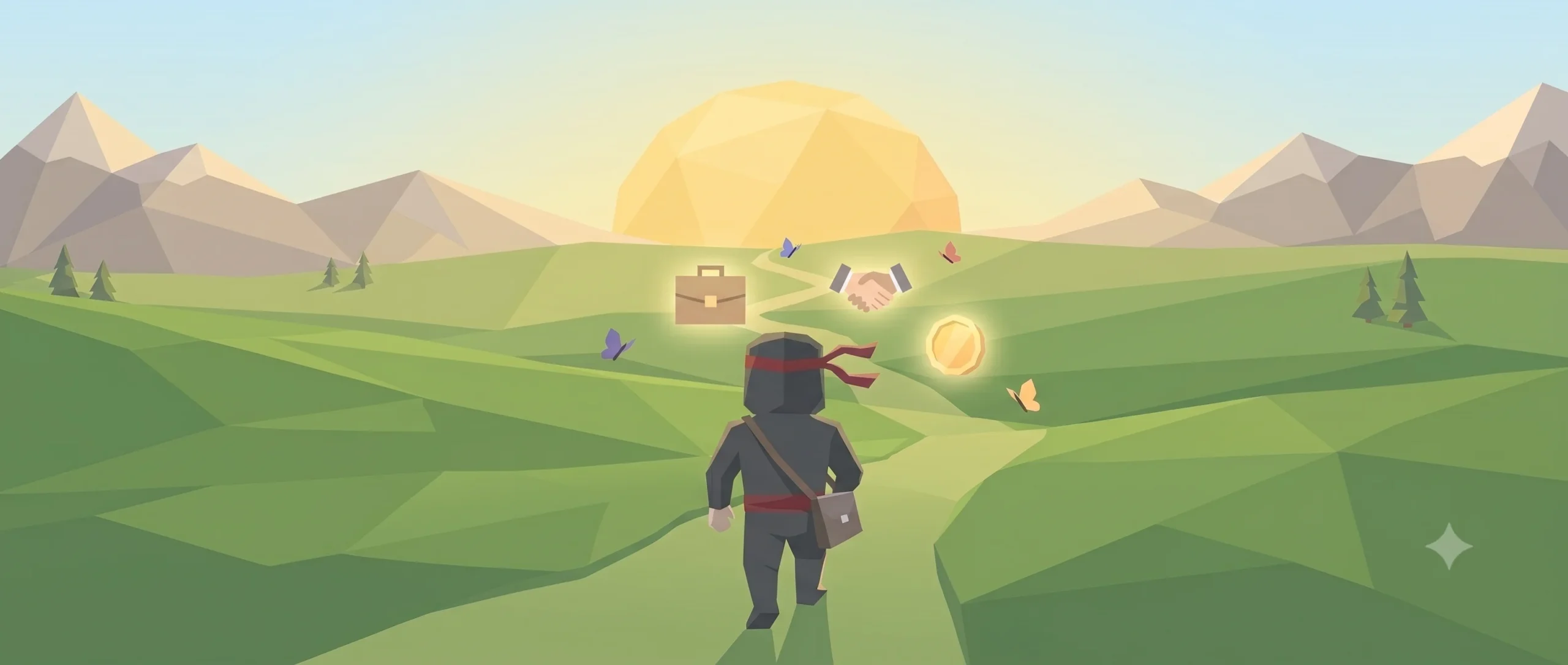 Ninja z torbą na laptopa idzie ku możliwościom — szukanie zleceń jako freelancer