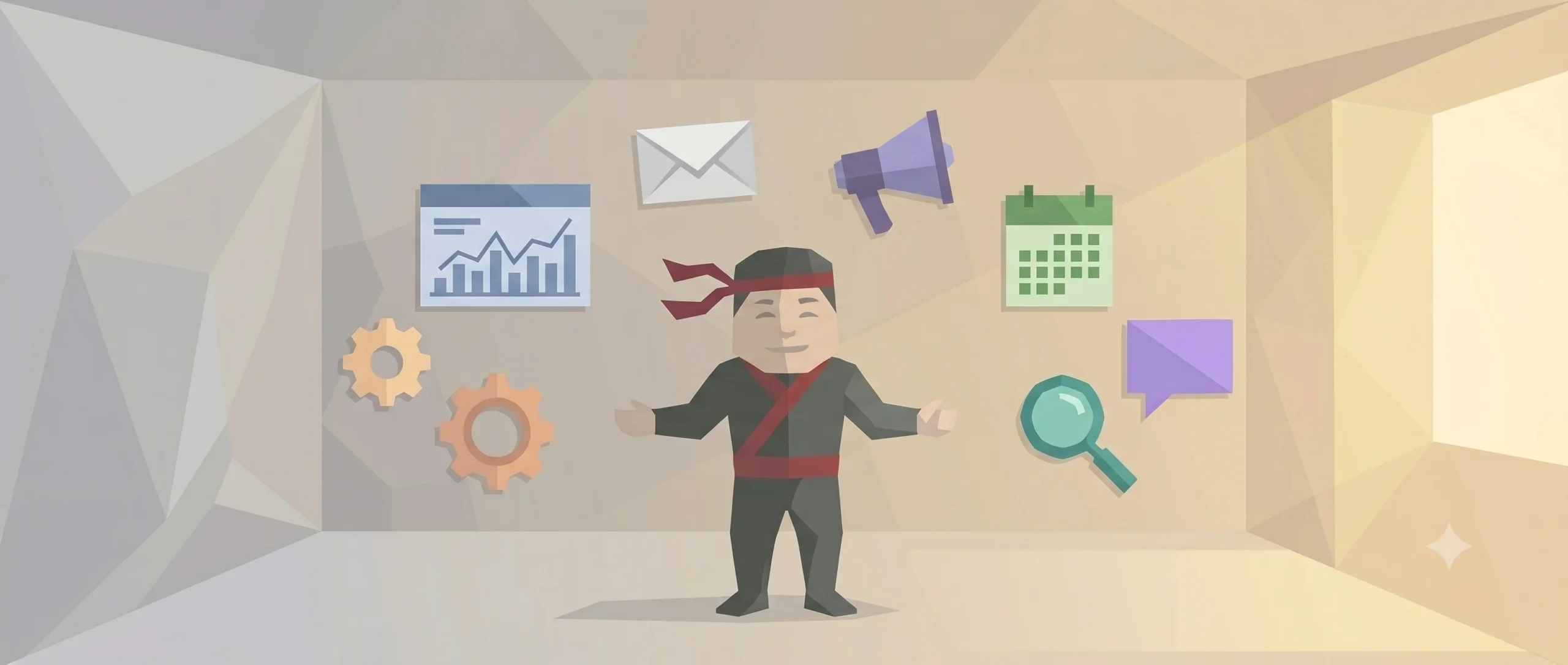 Ninja marketer otoczony ikonami narzędzi usprawniających pracę zdalną