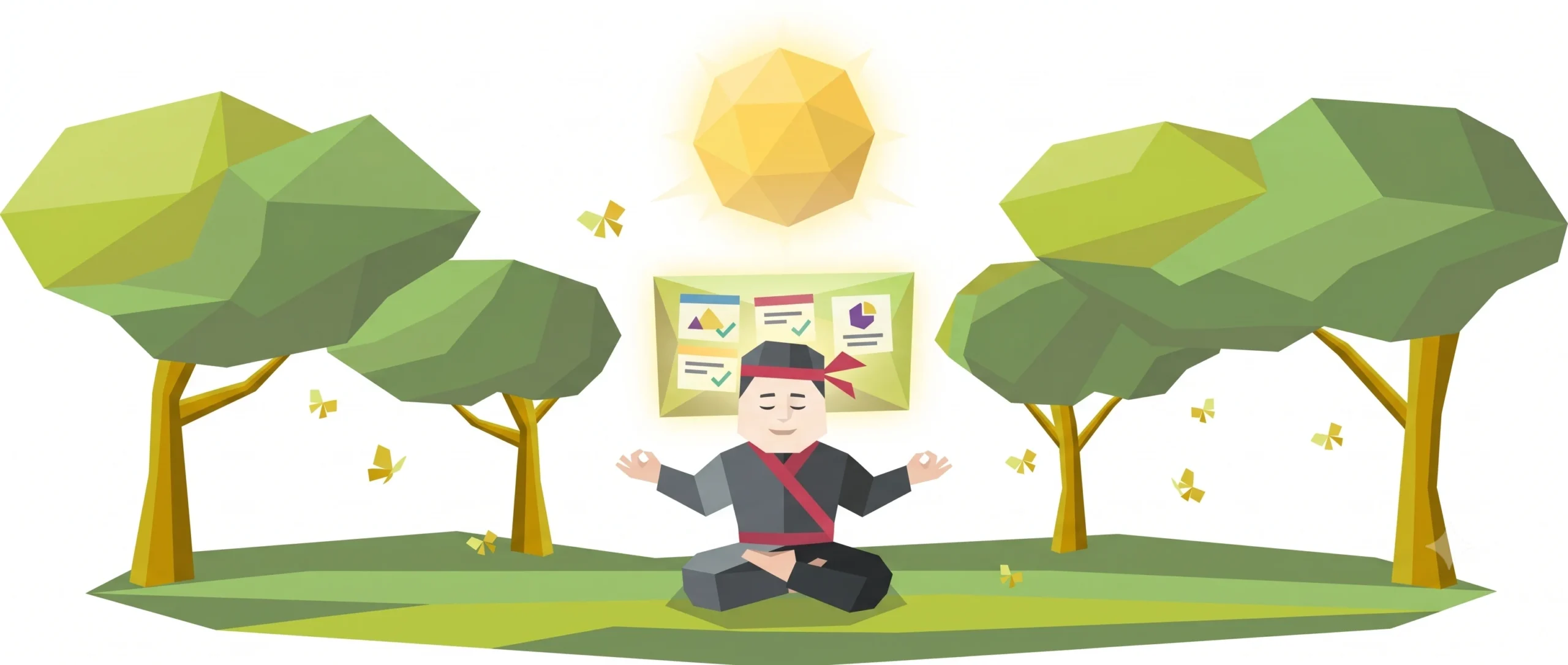 Ninja medytuje przy tablicy zadań Asany — ilustracja low-poly