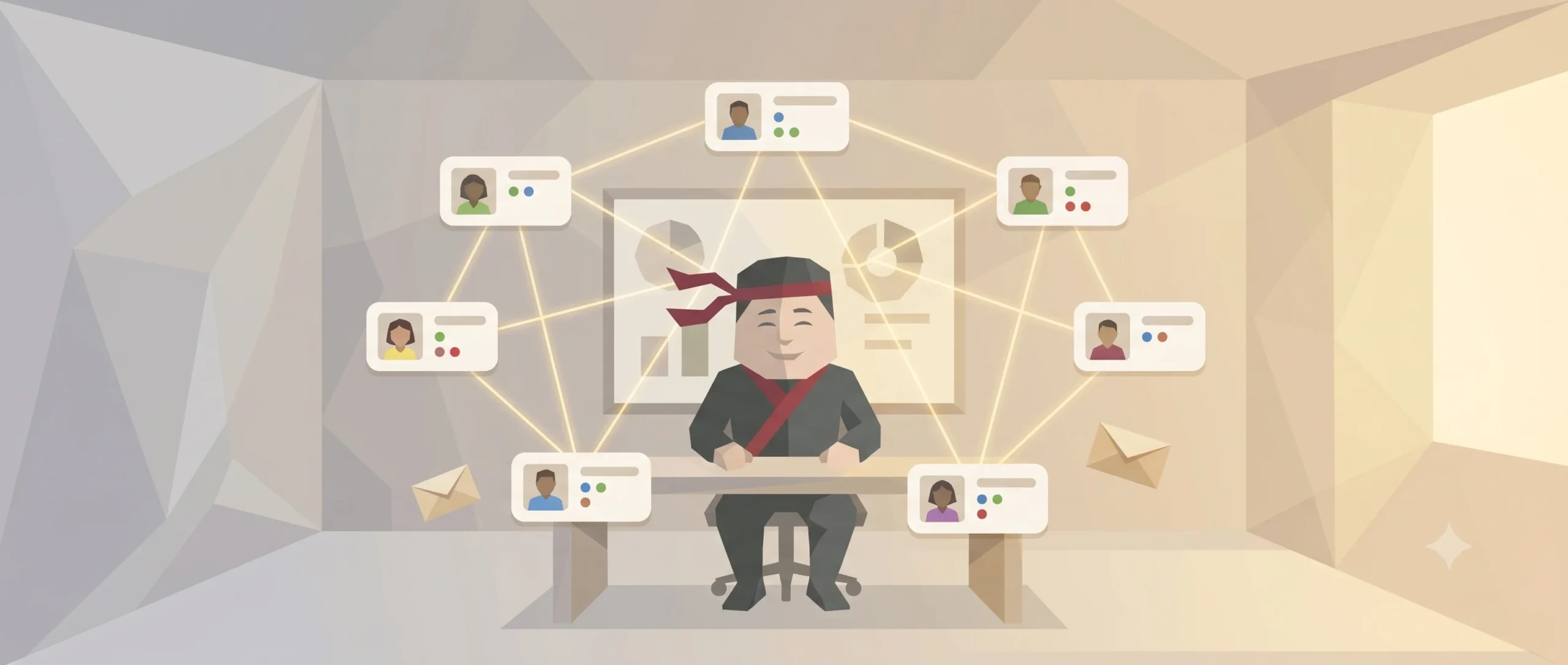 Ninja zarządza kartami kontaktów przy biurku — Asana jako CRM