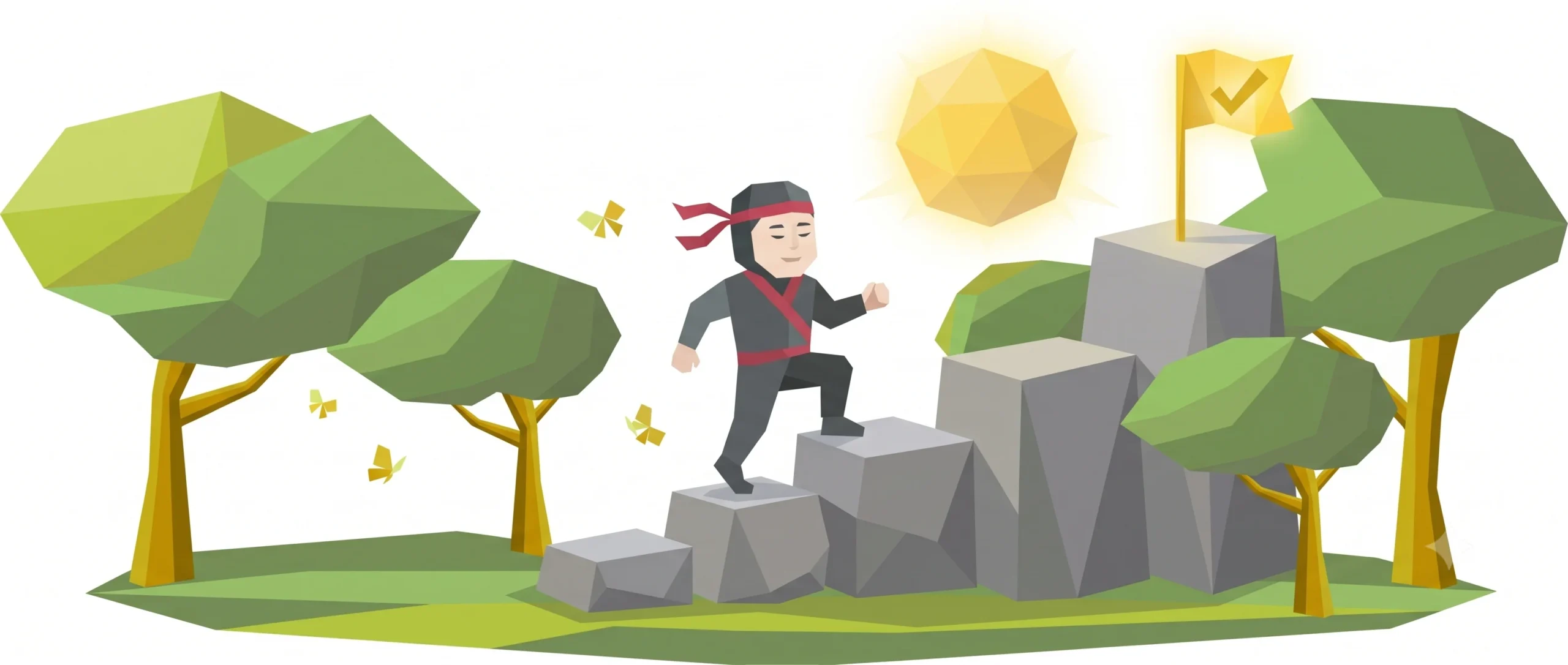 Ninja wchodzi po schodach z checklistą — pierwsze kroki w Asanie