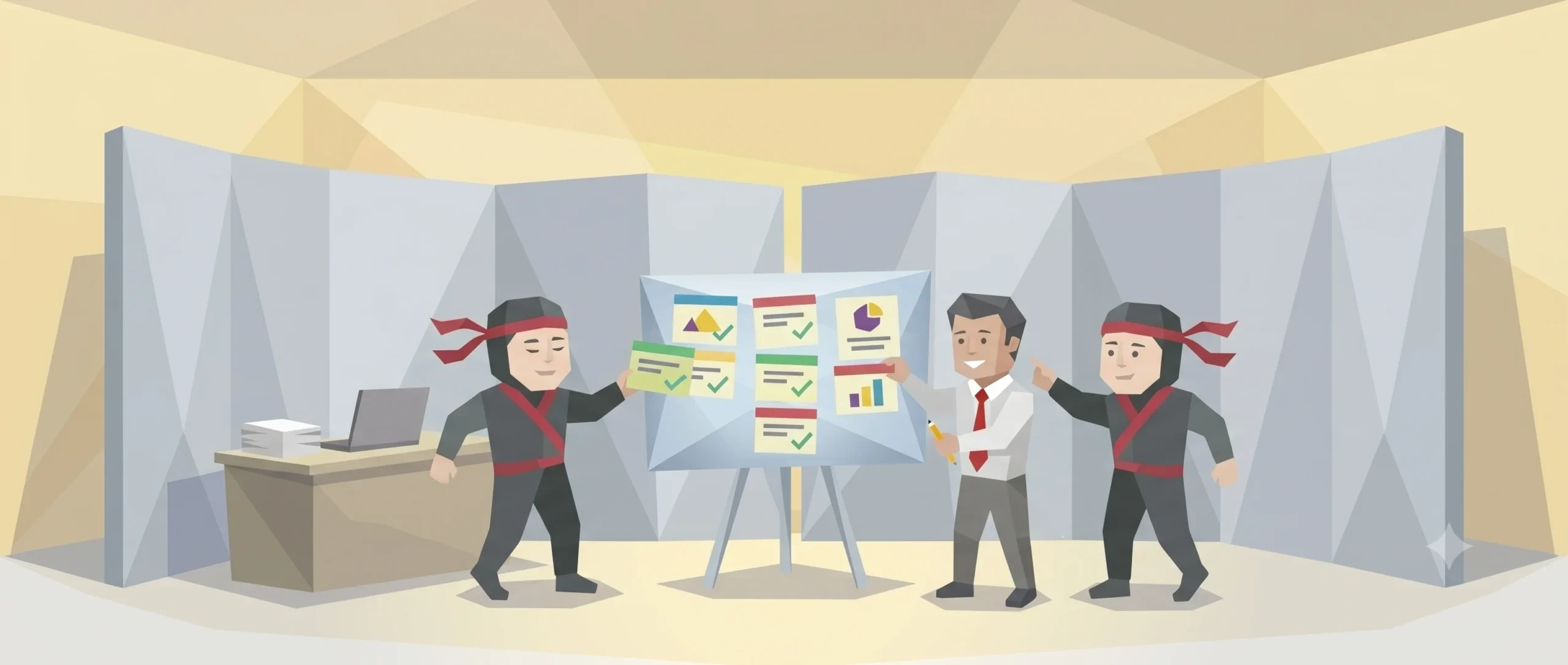 Zespół ninja i menedżer przy tablicy projektu — wdrożenie Asany w firmie